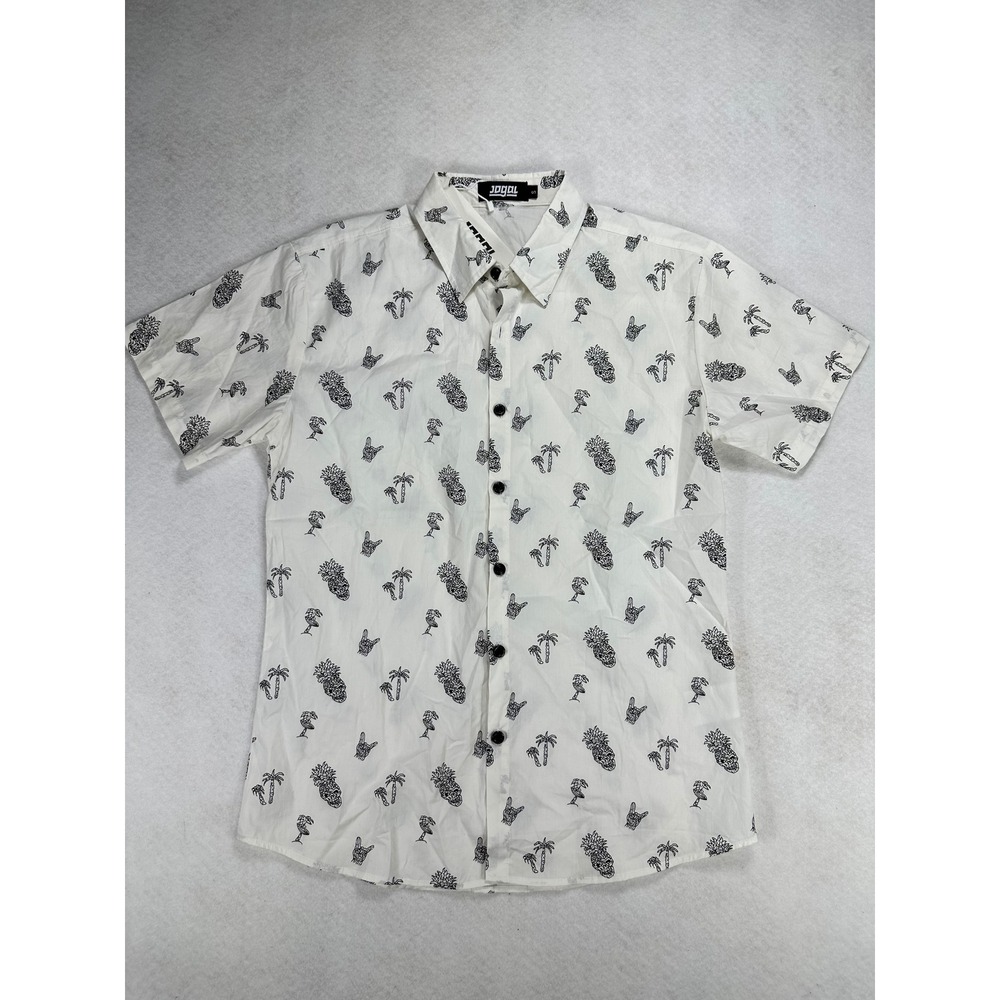 JOGAL Mens White Pineapple Palm Tree Rock On Print Short Sleeve Button Down S